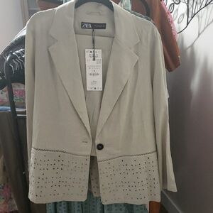 Zara. Linen Women's Cream Jacket with Eyelet Detail And Wide Leg Pants
